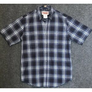 Wrangler Men's Rugged Wear Short Sleeve Shirt - Blue/Grey/Black Plaid - Size Med
